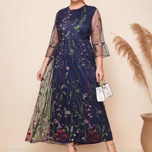 Embroidered mesh overlay maxi dress